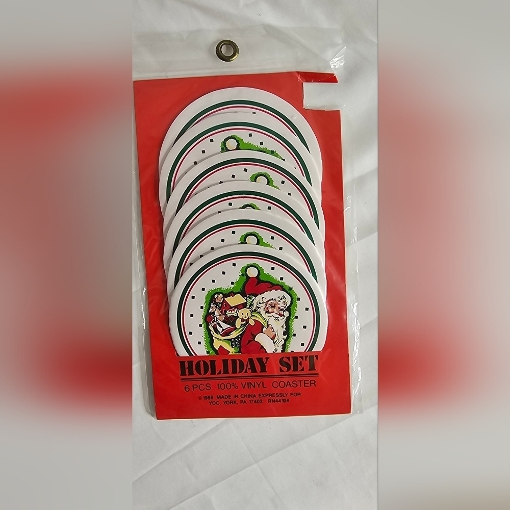 Vintage Set of 6 Vinyl Coasters Red Santa Clause Retro Christmas Holiday Decor